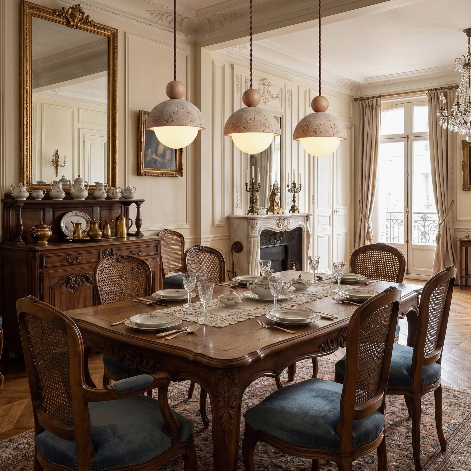 Multiple Palermo pendants suspended in vintage formal dining room with ornate antique furniture