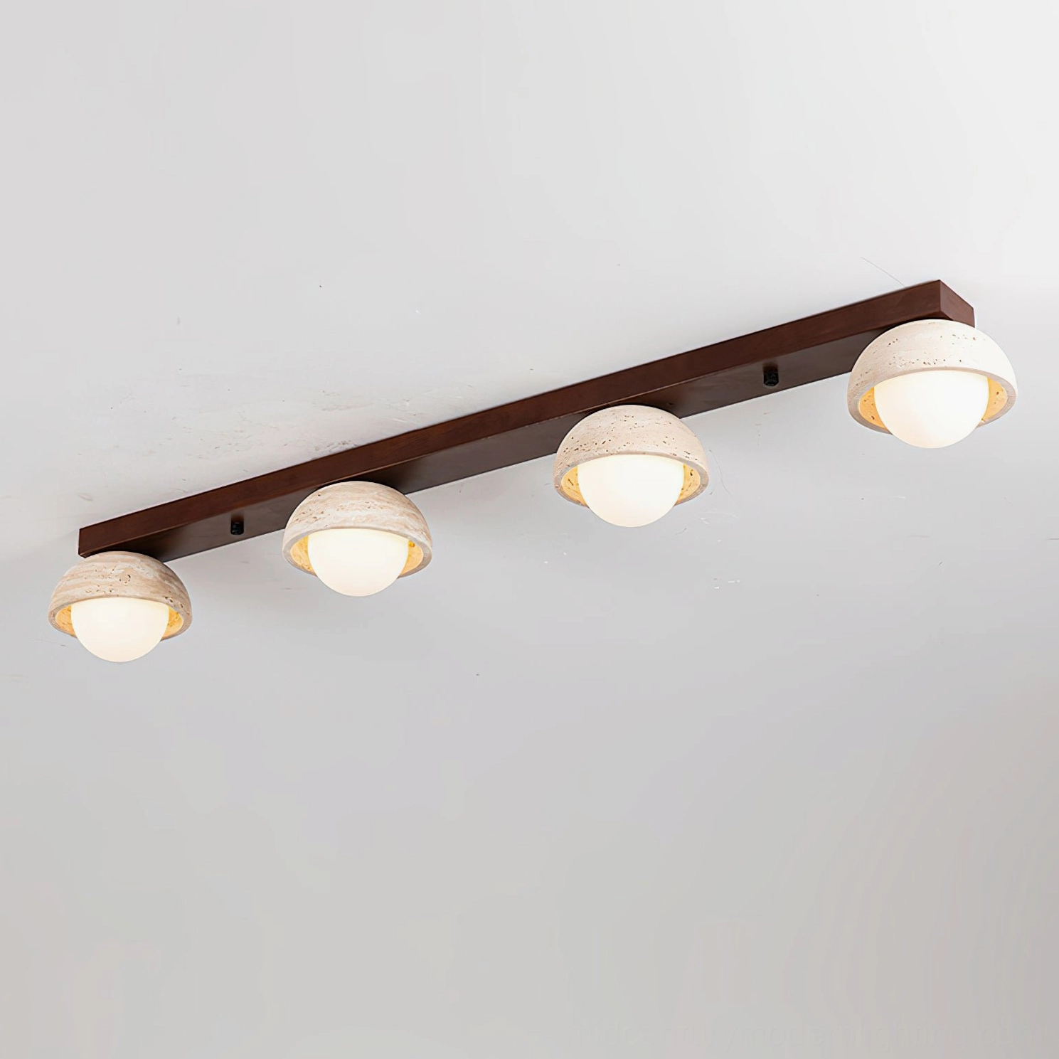 Palermo travertine and wood ceiling fixture demonstrating Scandinavian minimalist design philosophy