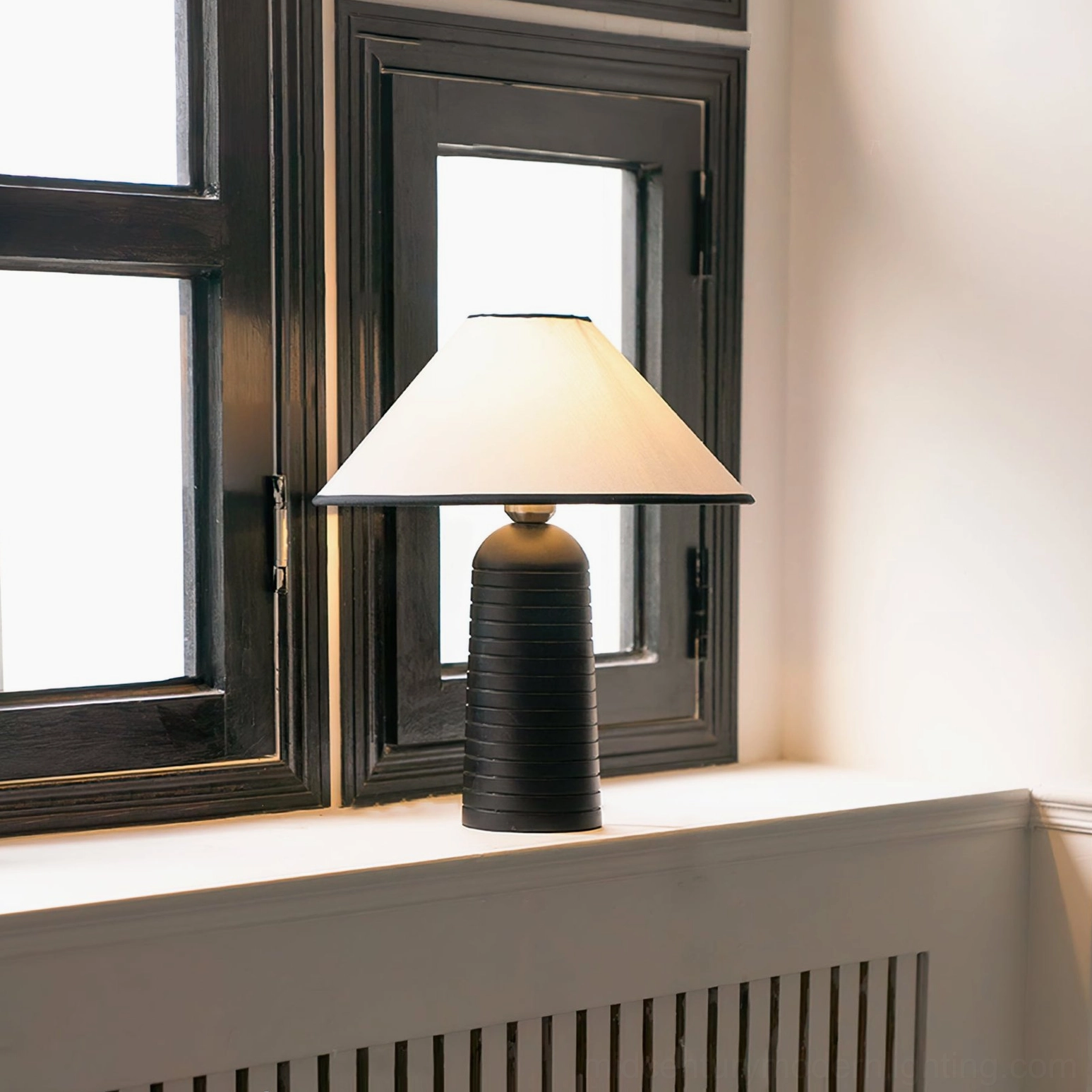 Brown Palisades wooden table lamp base ribbed turned wood construction detail