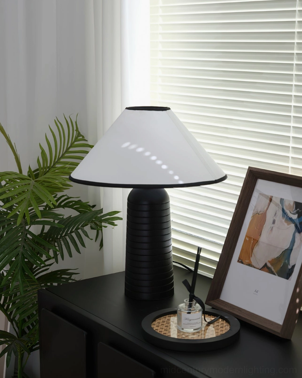 Palisades wooden table lamp full view on neutral background mid-century design