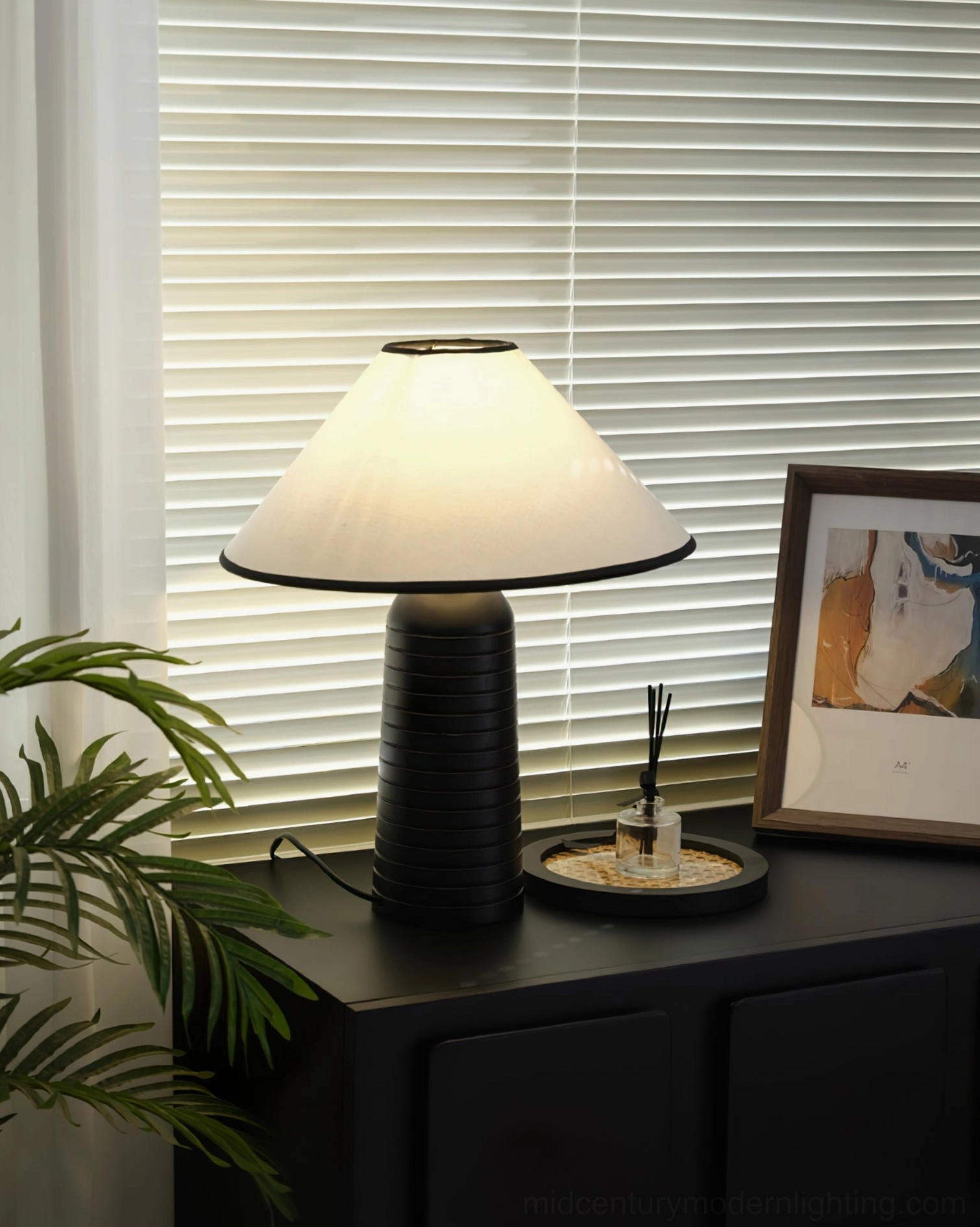 Palisades table lamp side profile view showing proportions and shade conical shape