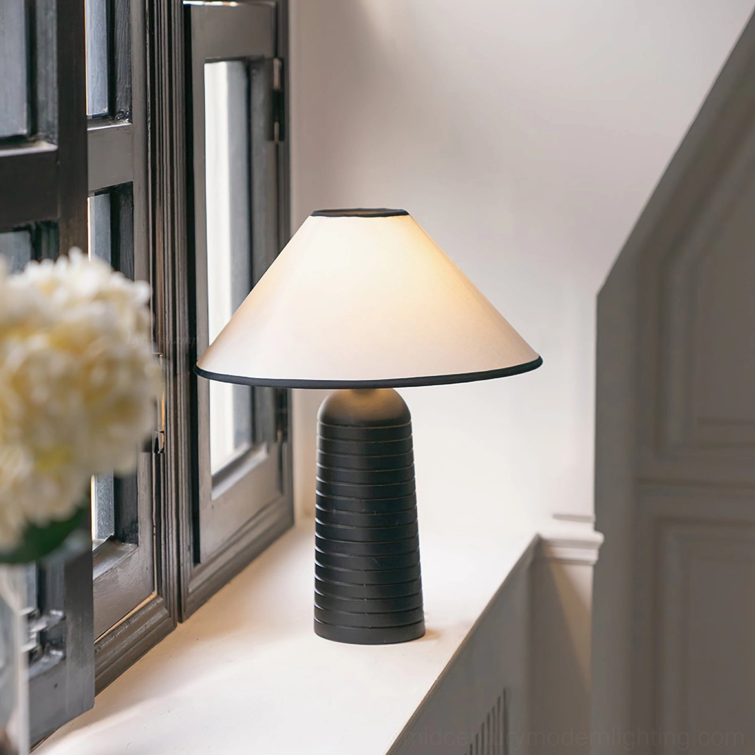 Palisades table lamp complete design with wooden base and fabric shade on white background
