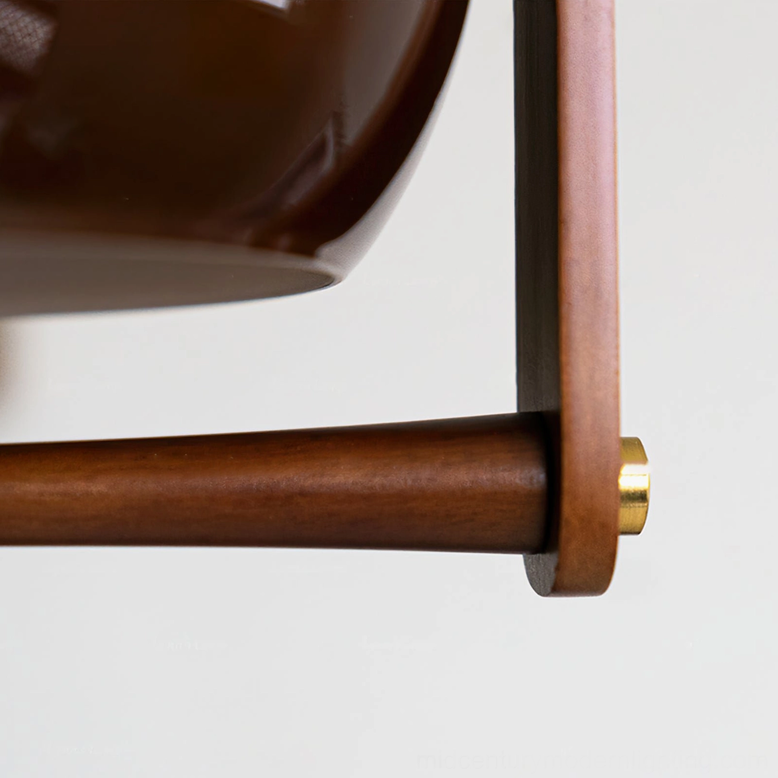 Pallade mid-century pendant lamp base hardware detail showing brass cap and wood support structure