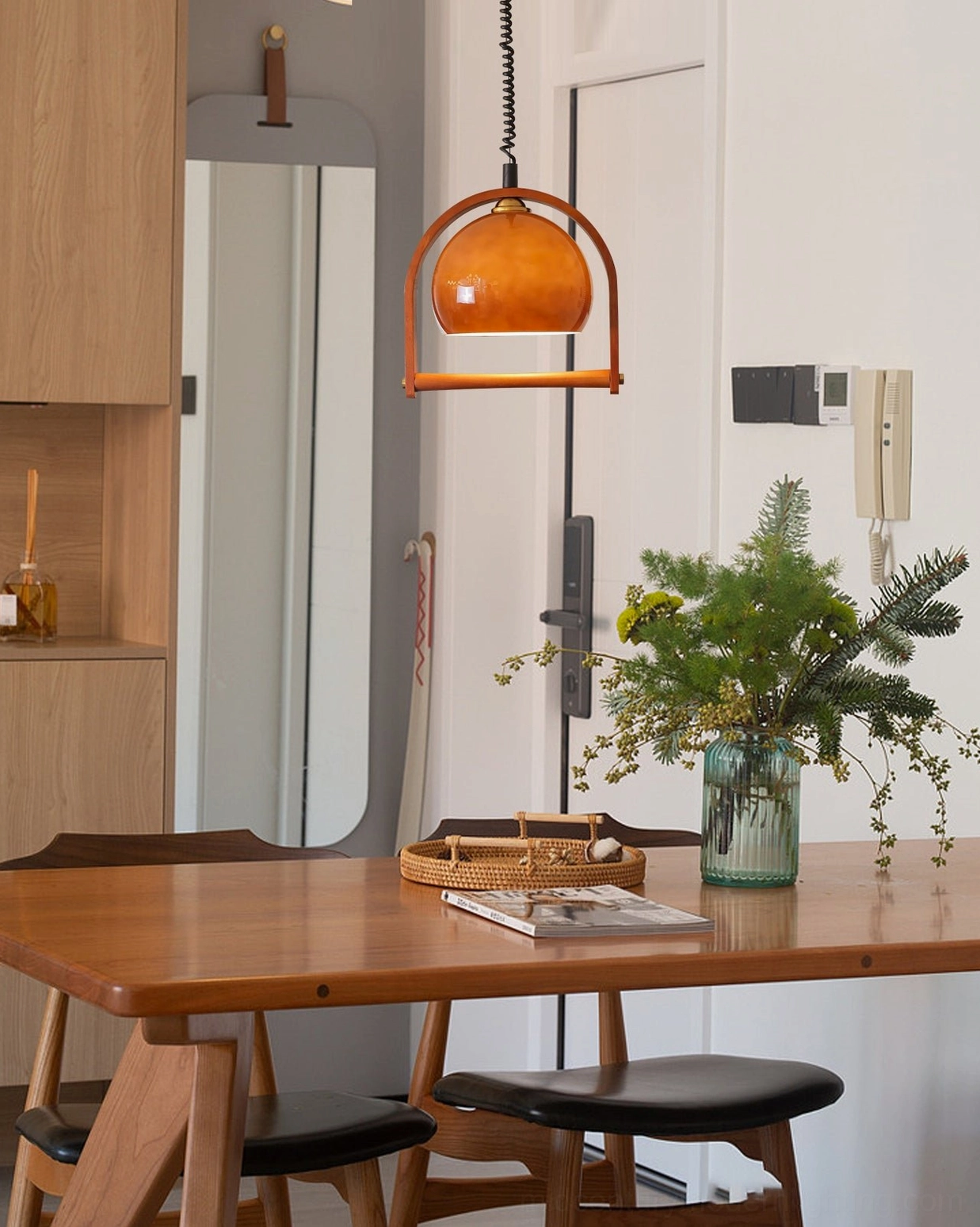 Pallade pendant lamp brass accents and solid wood craftsmanship detail photography macro