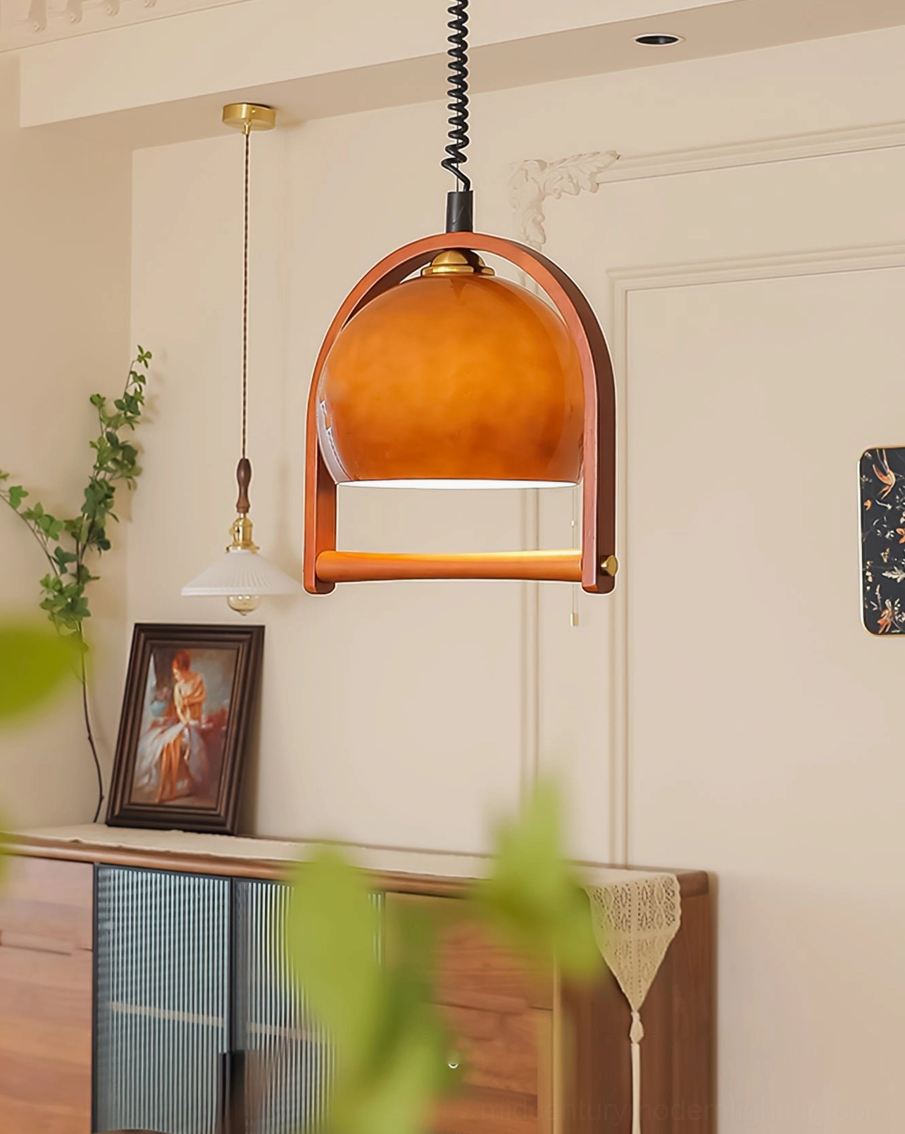 Pallade mid-century pendant lamp sculptural wood and glass design art piece detail photography