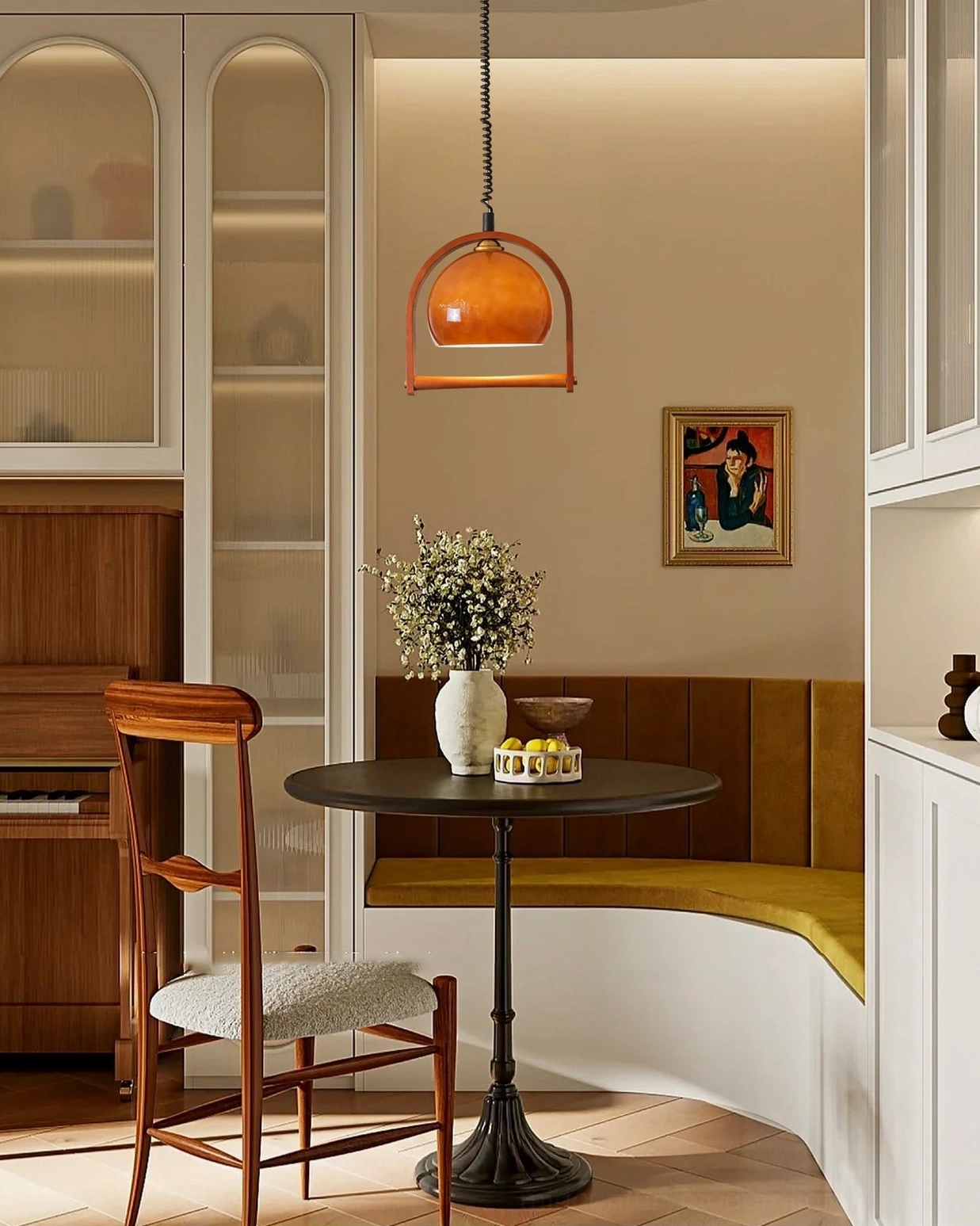 Pallade walnut pendant lamp installed ceiling mounted showcase in design interior space