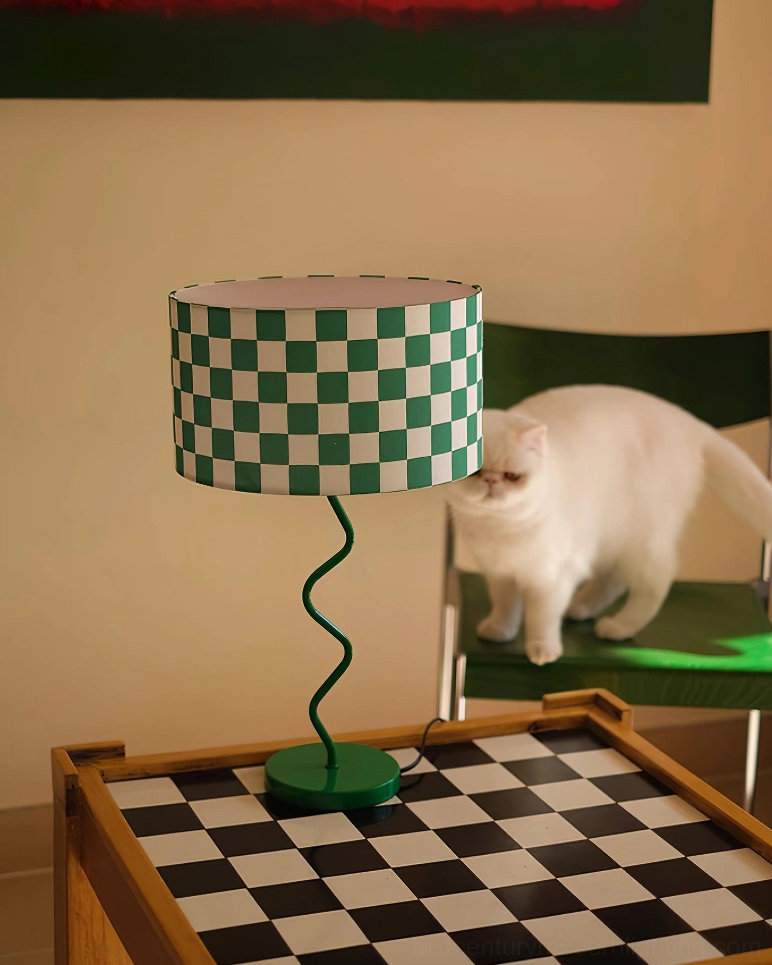 Fabric checkered lampshade in green and white with decorative cat companion furniture