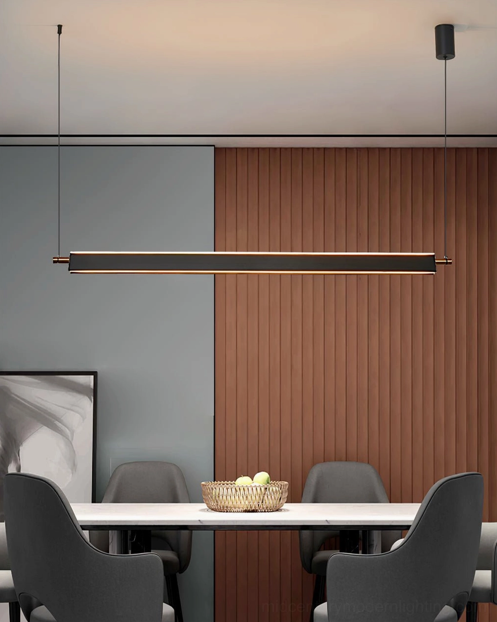 Linear LED chandelier with black and gold finish in dual-tone modern interior - contemporary pendant light