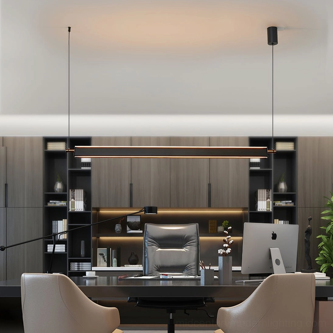 Pavilion minimalist linear chandelier detail view showing etched acrylic diffuser and LED light curves