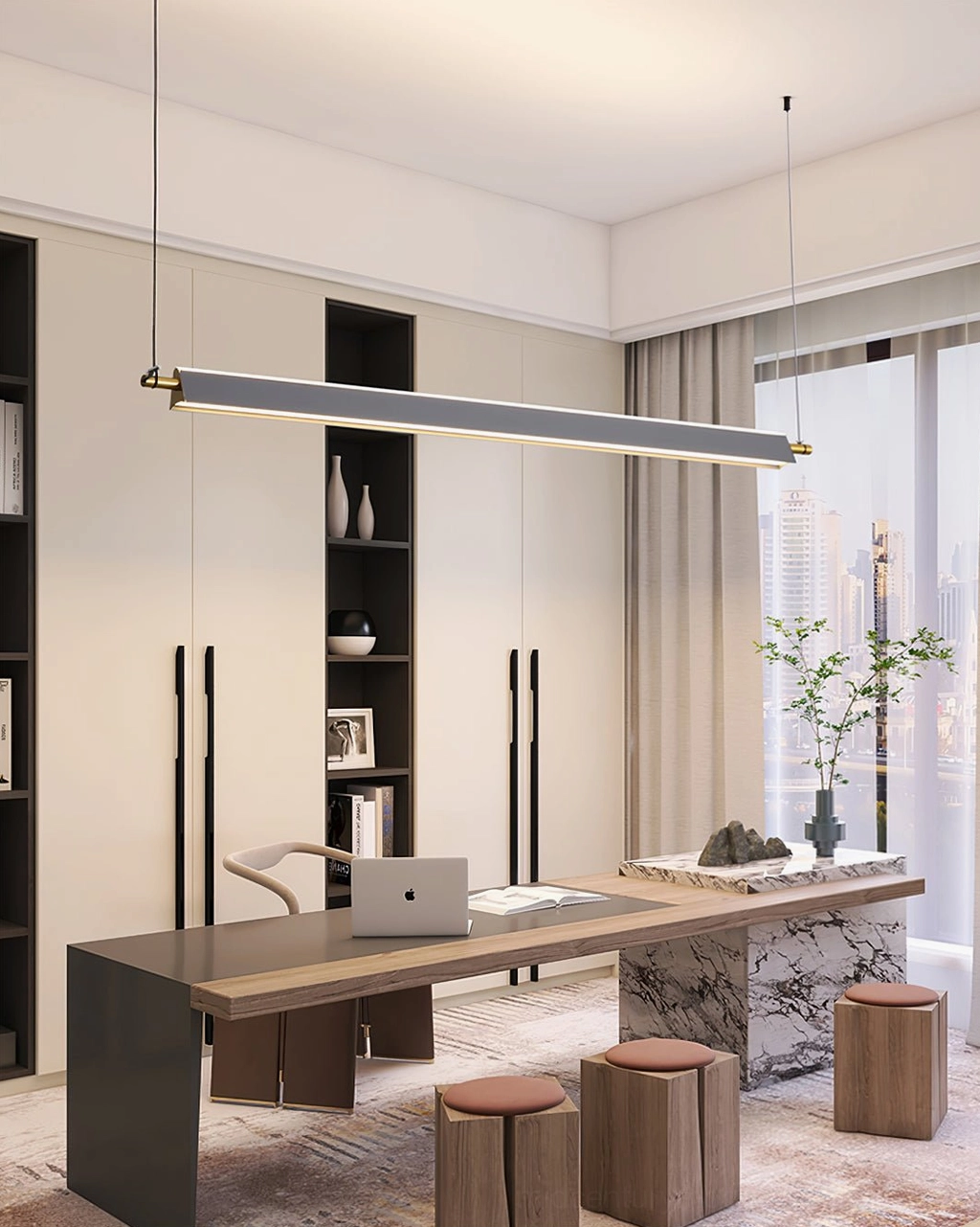 Grey linear LED pendant chandelier in minimalist home office workspace - contemporary lighting design
