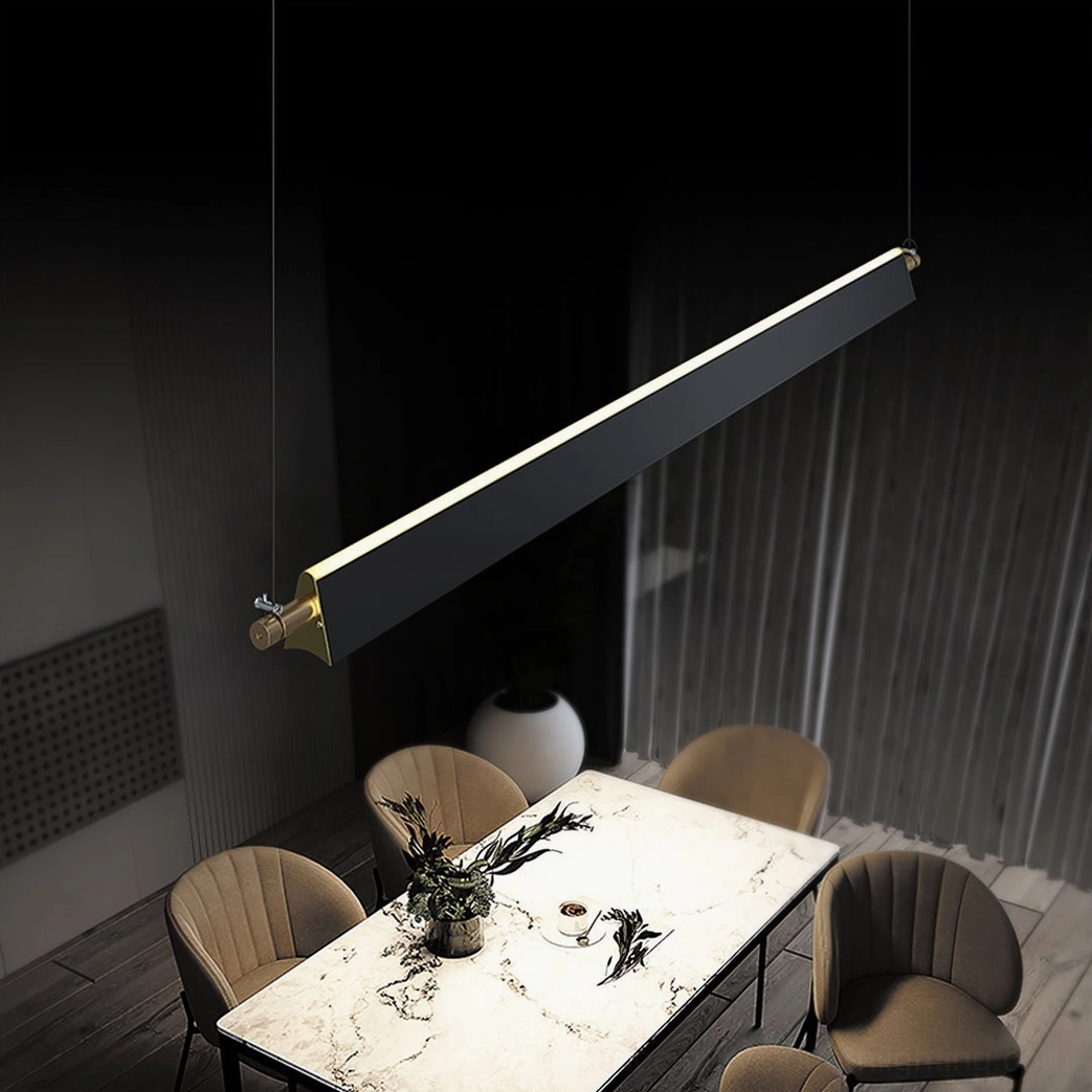 Modern linear pendant light with glowing LEDs suspended at angle - black and gold minimalist chandelier