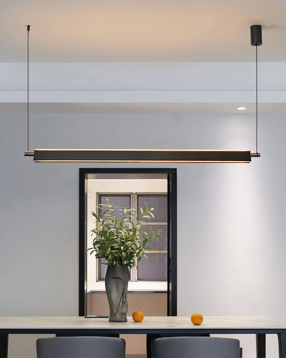 Linear modern pendant chandelier with three-color LED technology in minimalist contemporary interior