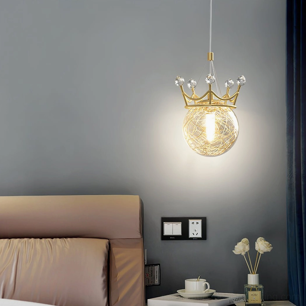 Crown pendant light fixture in bedroom with dark grey wall and flower vase decor