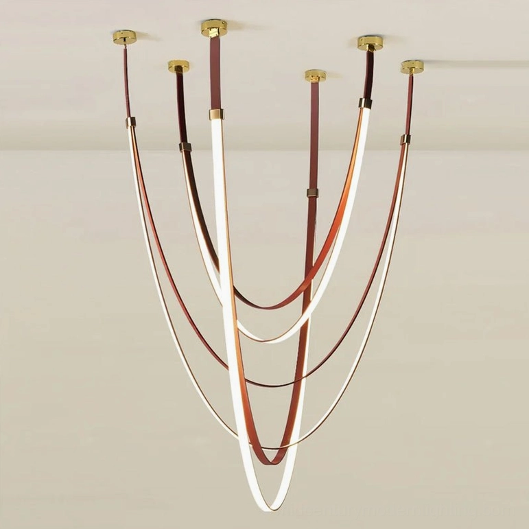 Sculptural leather pendant lamp size comparison and design proportions in home interior setting