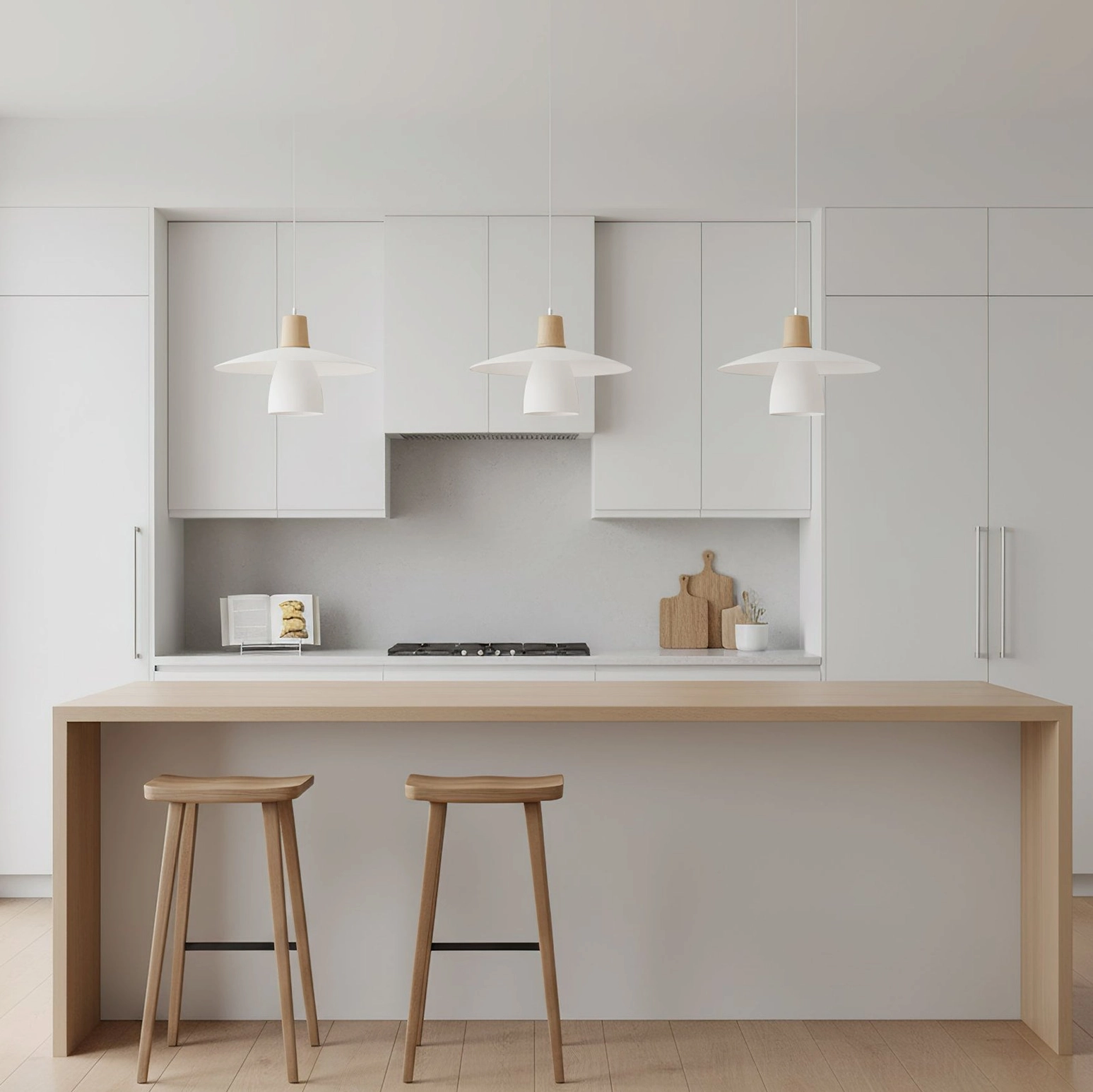 Minimalist wood and glass pendant light detail shot showing rubber wood cap and frosted glass construction