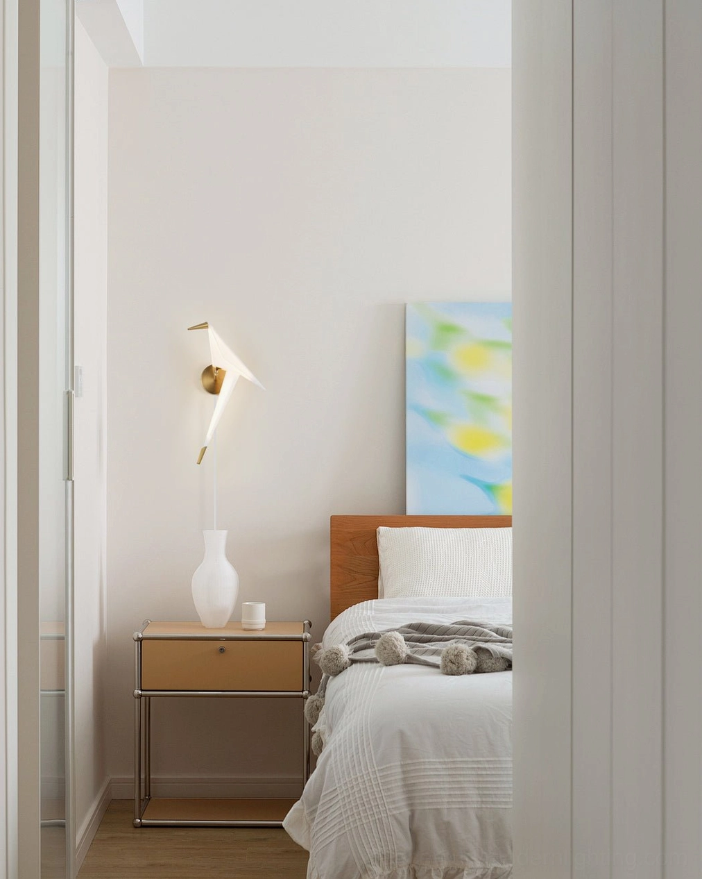 Perching Bird wall lamp mounted in clean bedroom hallway corridor with minimalist aesthetic and natural lighting