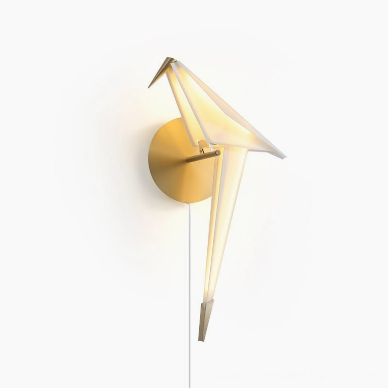 Perching Bird wall lamp three quarter angle brass gold base warm LED glow sculptural origami bird design