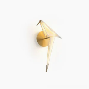 Perching bird wall lamp in brass gold finish with warm integrated LED light, mid-century modern sculptural design on white studio background