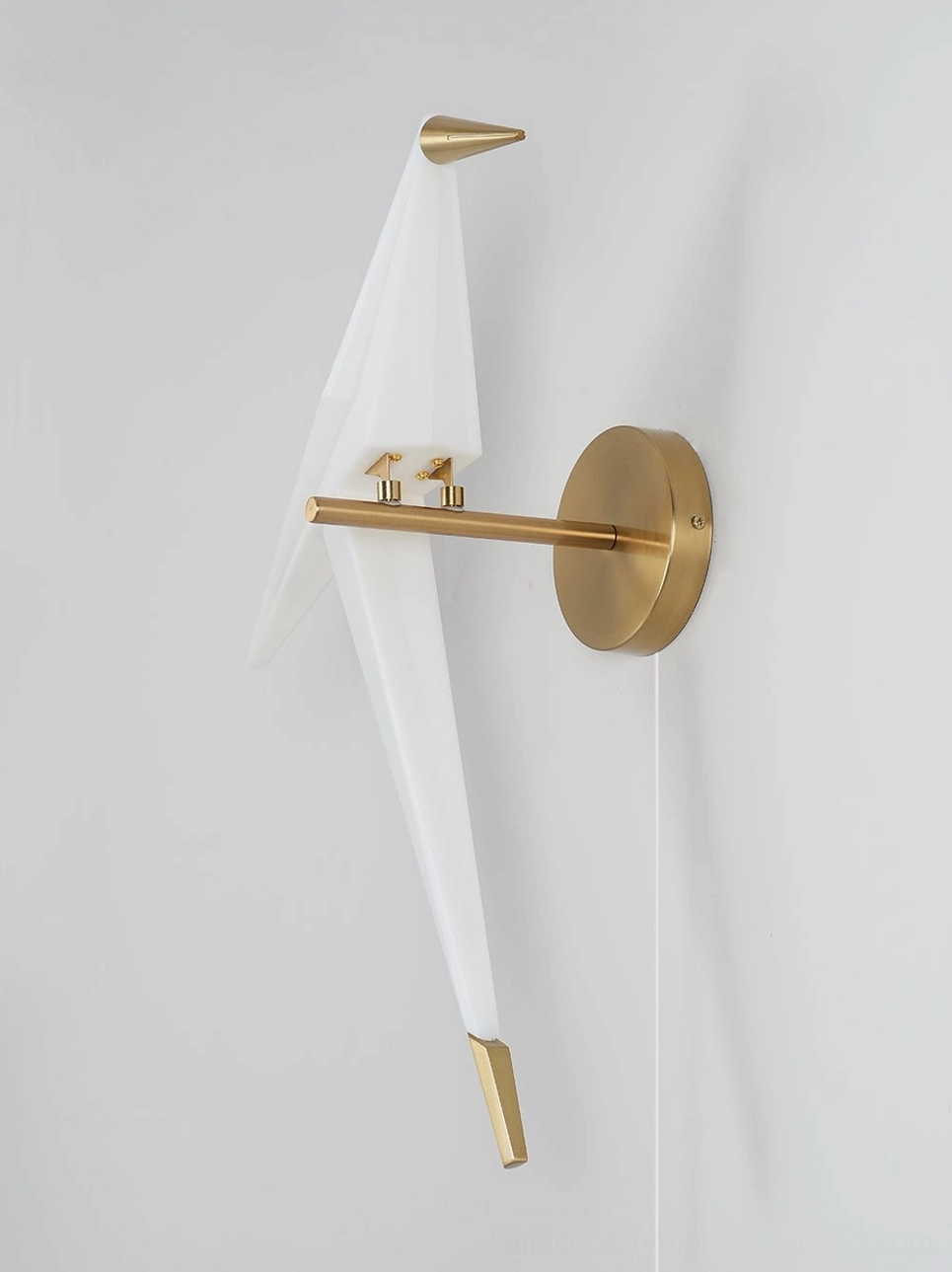 Perching Bird wall lamp sleek bird-shaped design with gold metal hardware and acrylic diffuser, side angle view