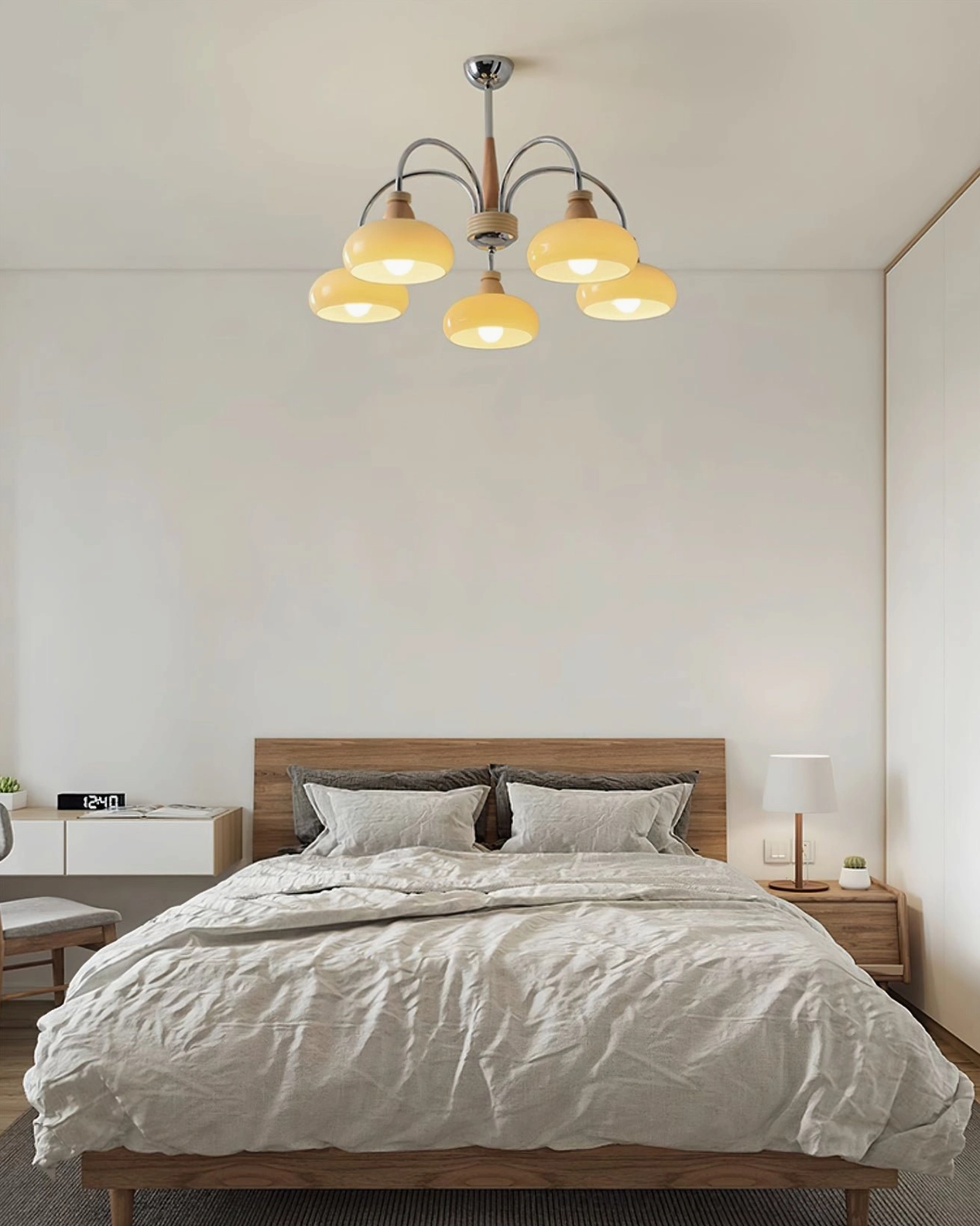 5-light persimmon wood chandelier low-angle view in minimalist wooden bedroom, warm tranquil ambiance
