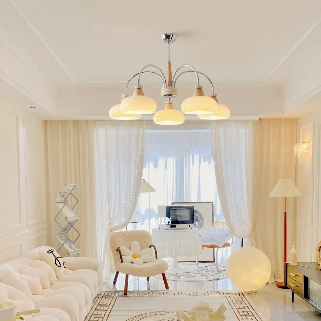 5-head pendant chandelier overhead view in nordic-style bright living room with natural daylight
