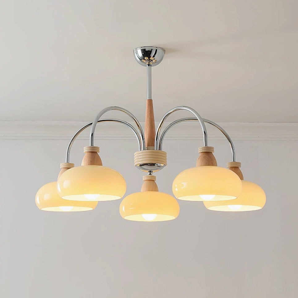 5-head persimmon wood pendant chandelier cream and chrome, mid-century modern style studio product shot