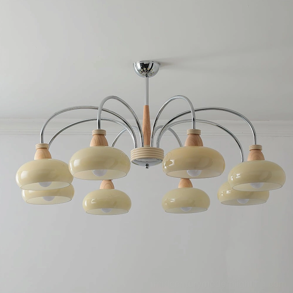 8-head persimmon wood pendant chandelier cream and chrome, large-scale mid-century modern lighting solution
