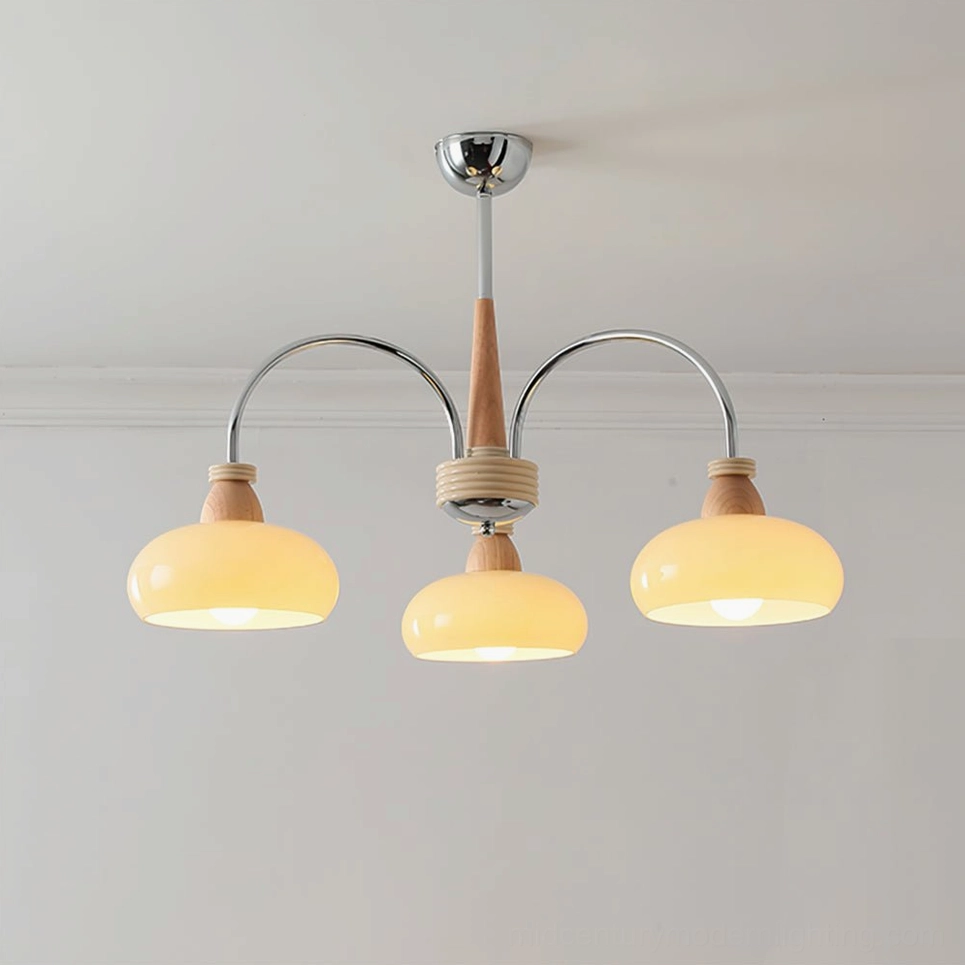 3-head persimmon wood and chrome pendant chandelier, compact mid-century modern design on white background