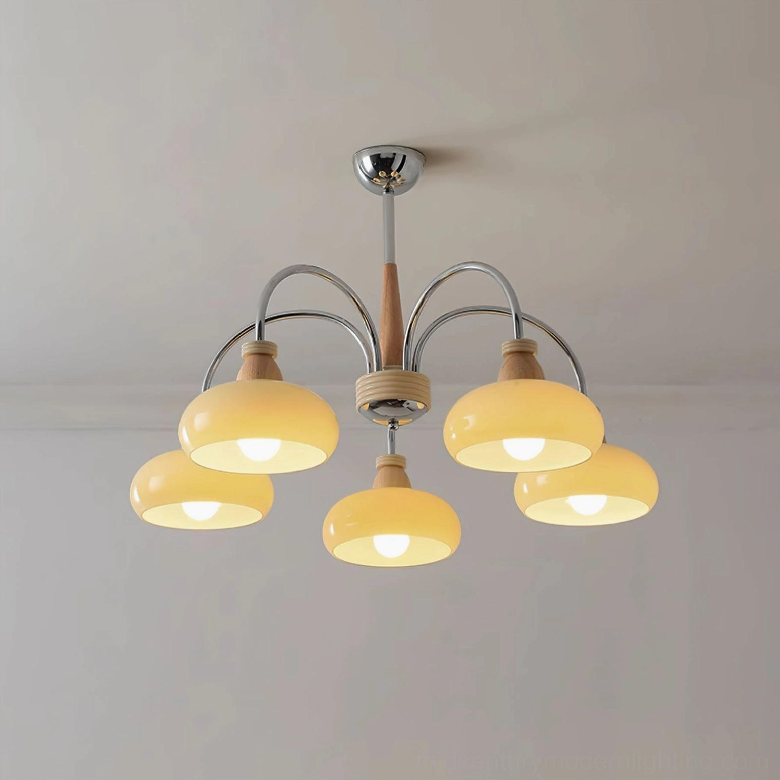 Multi-head persimmon wood pendant chandelier full fixture view, contemporary minimalist lighting design