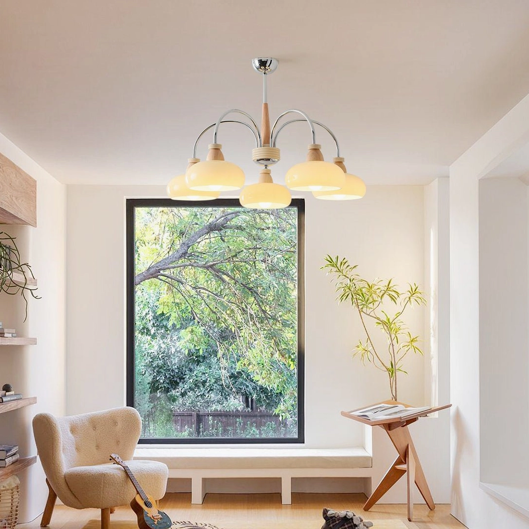 5-light persimmon wood chandelier fresh natural lighting in scandinavian style living room with large windows