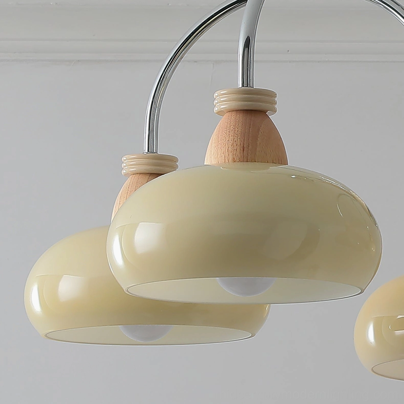 Persimmon wood and frosted glass pendant chandelier detail shot, mid-century modern craftsmanship