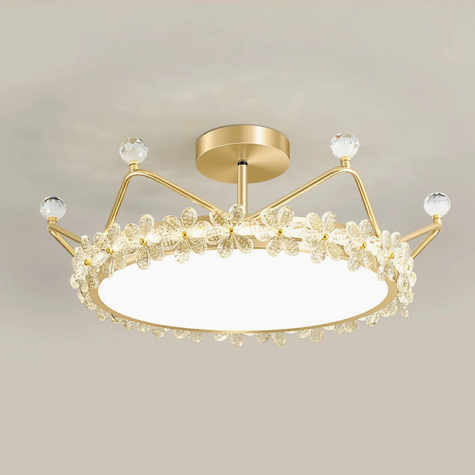 Petal crown ceiling light 23.6 inch diameter medium size, gold metal frame with clear crystalline petal accents, warm light option