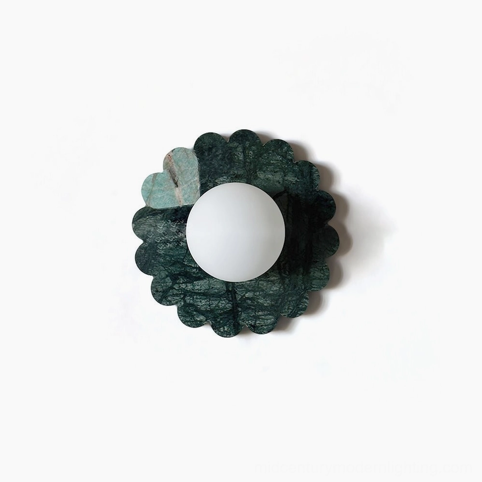 Compact petal marble wall sconce detail shot emphasizing frosted glass diffuser quality