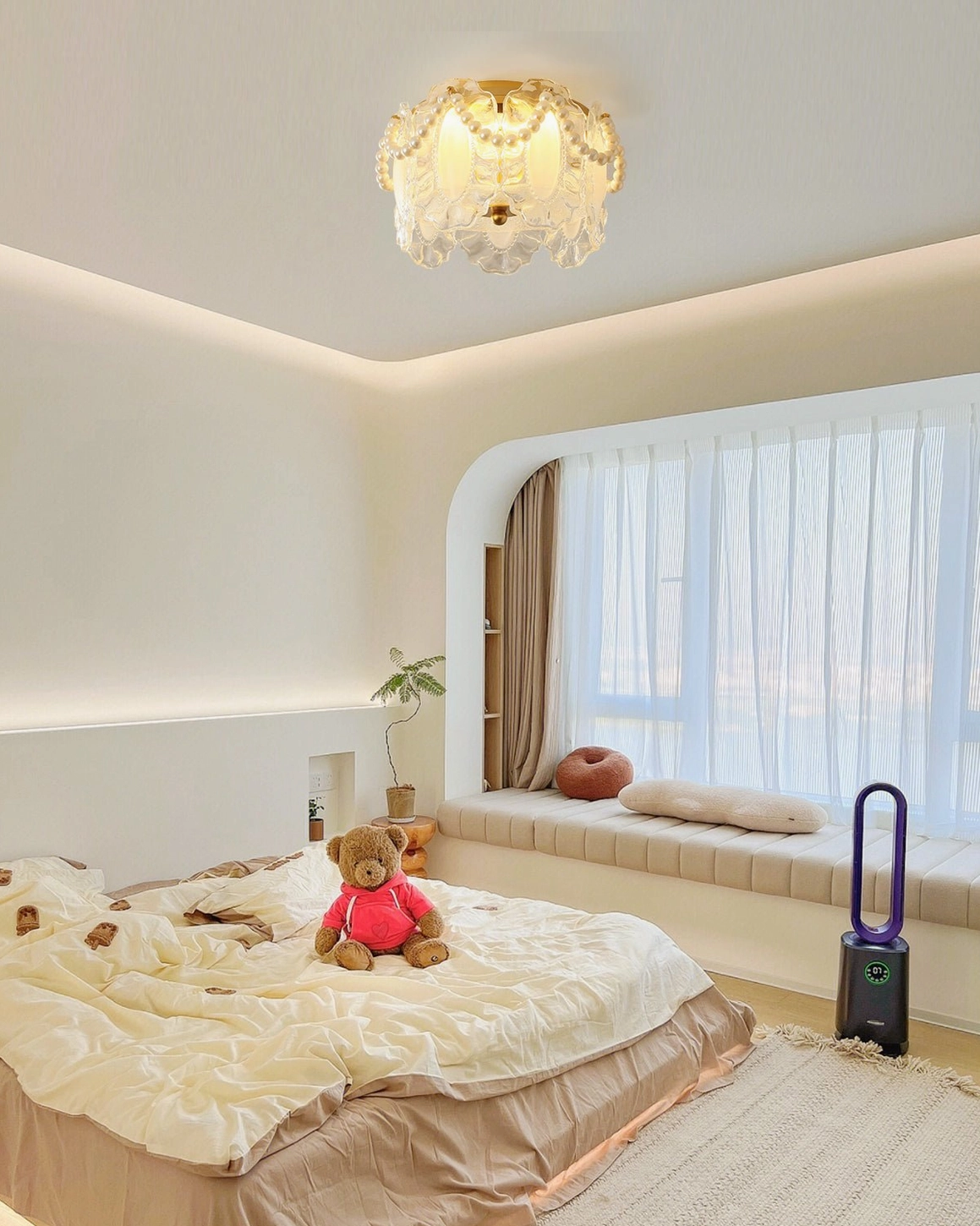 Petal Pearl ceiling light warming bedroom space with bay window, cozy home lighting