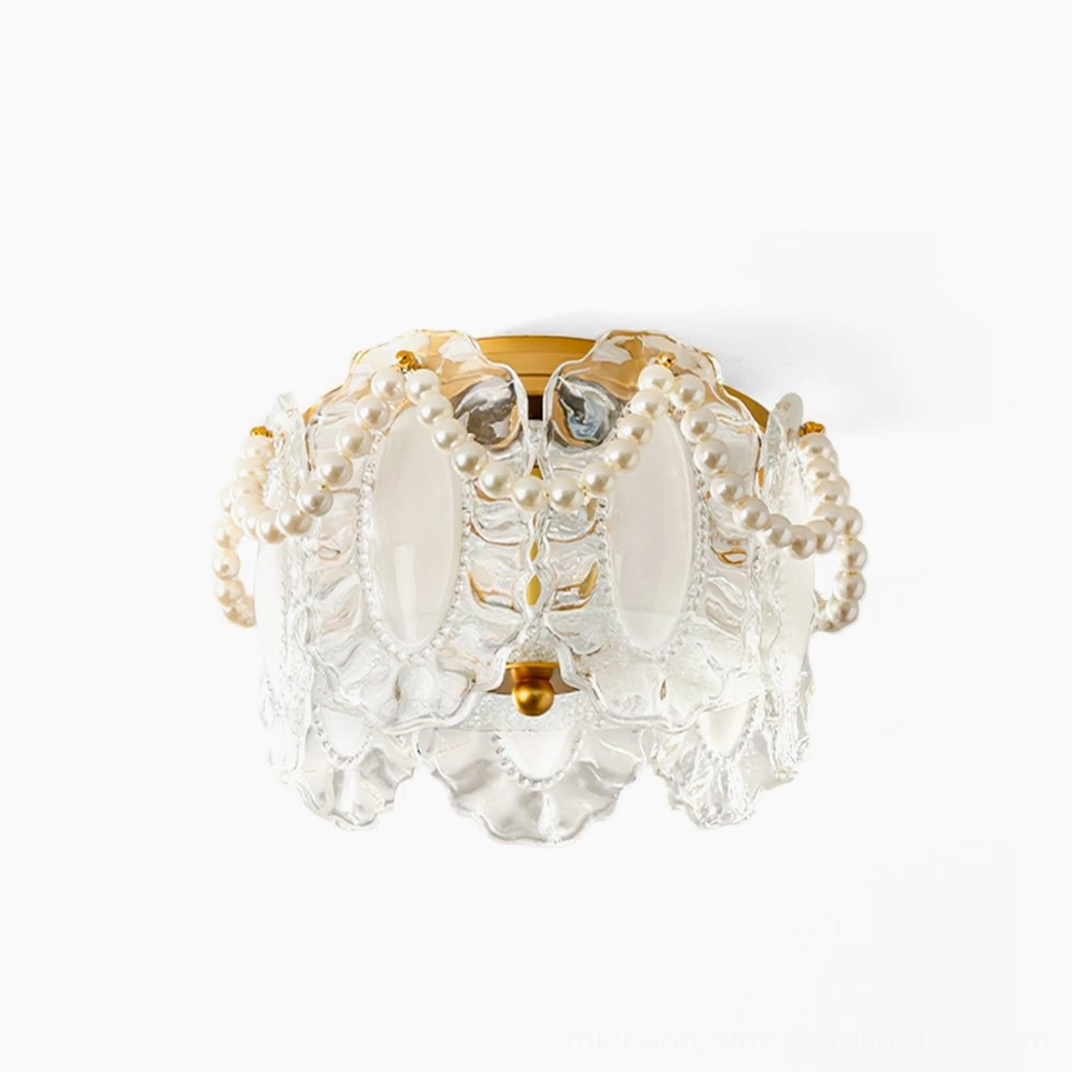 Petal Pearl ceiling light fixture with elegant pearl strands and opaque glass petals