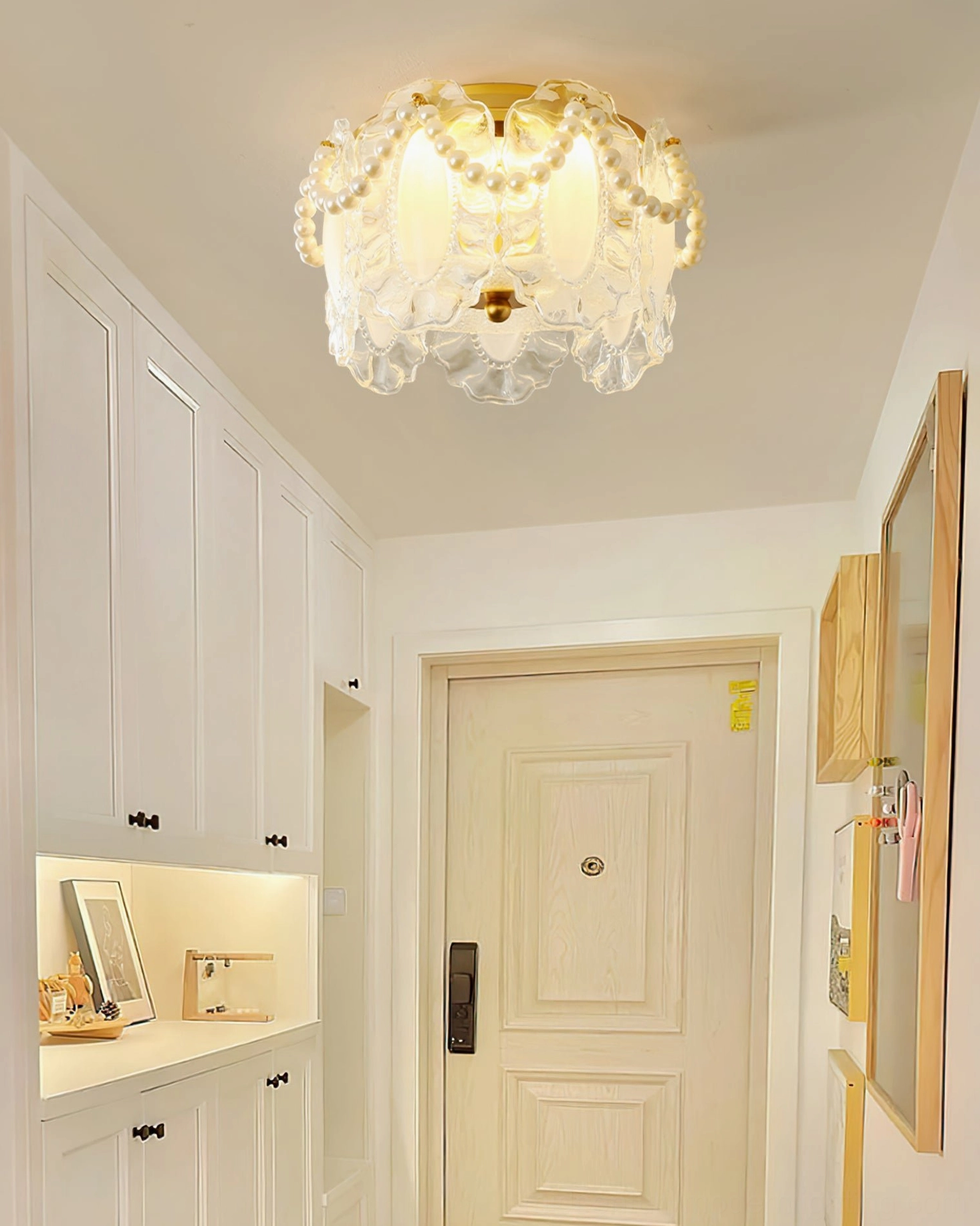 Petal Pearl light in minimalist entryway hallway with creamy home décor aesthetic