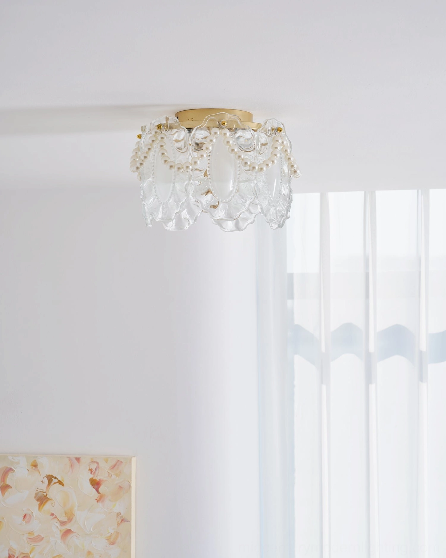 Petal Pearl sculptural ceiling light showcasing hand-arranged glass petals and pearl strands