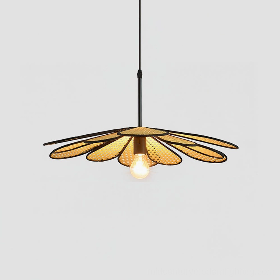 Petite 50cm diameter rattan pendant light in compact kitchen space showing space-efficient design solution