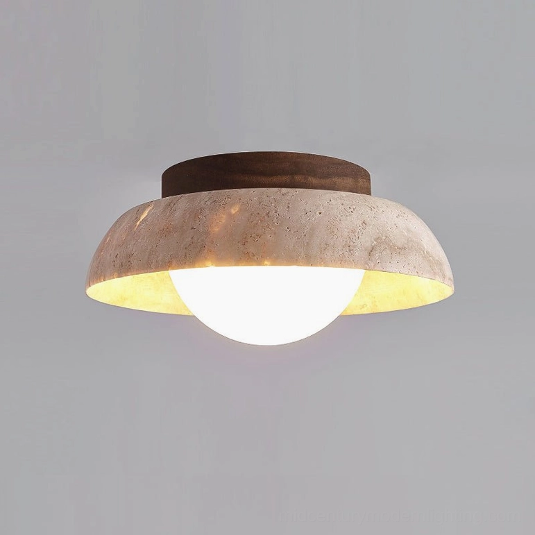 Piedra natural stone ceiling fixture front view on grey background highlighting minimalist mid-century modern design