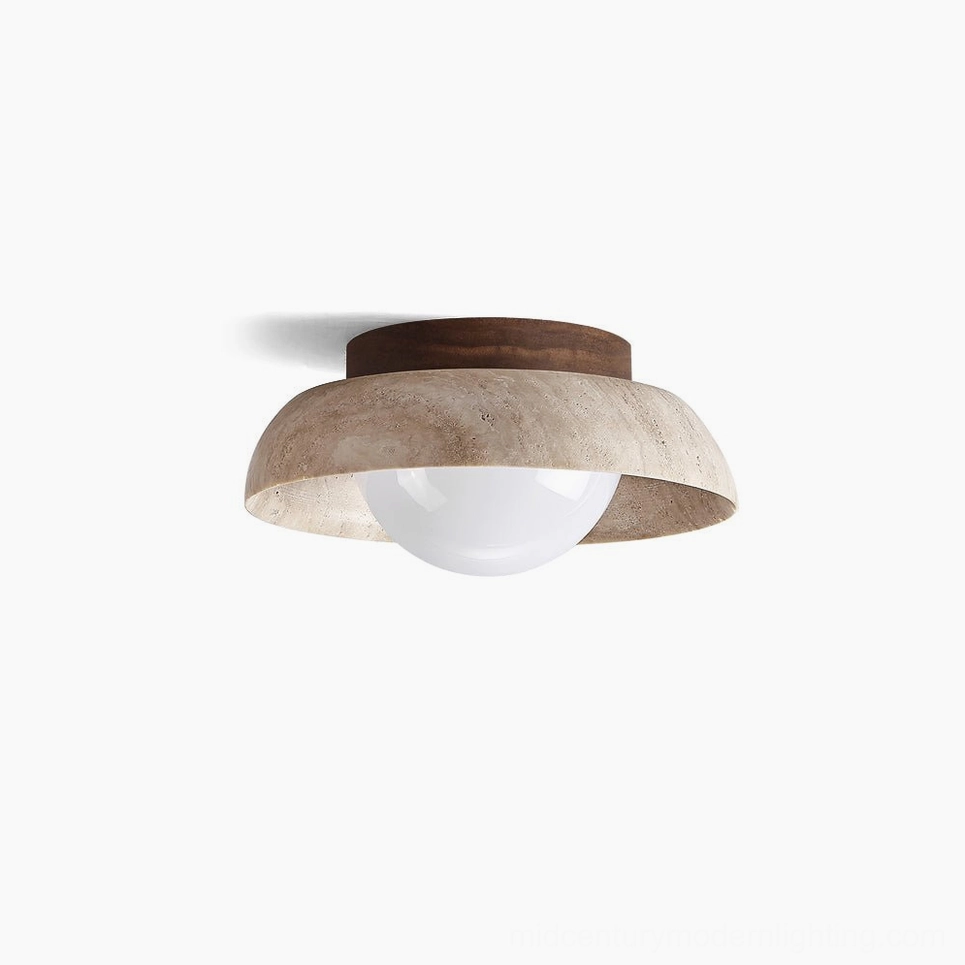 Piedra natural stone ceiling light with travertine shade and walnut wood base, front studio view on white background