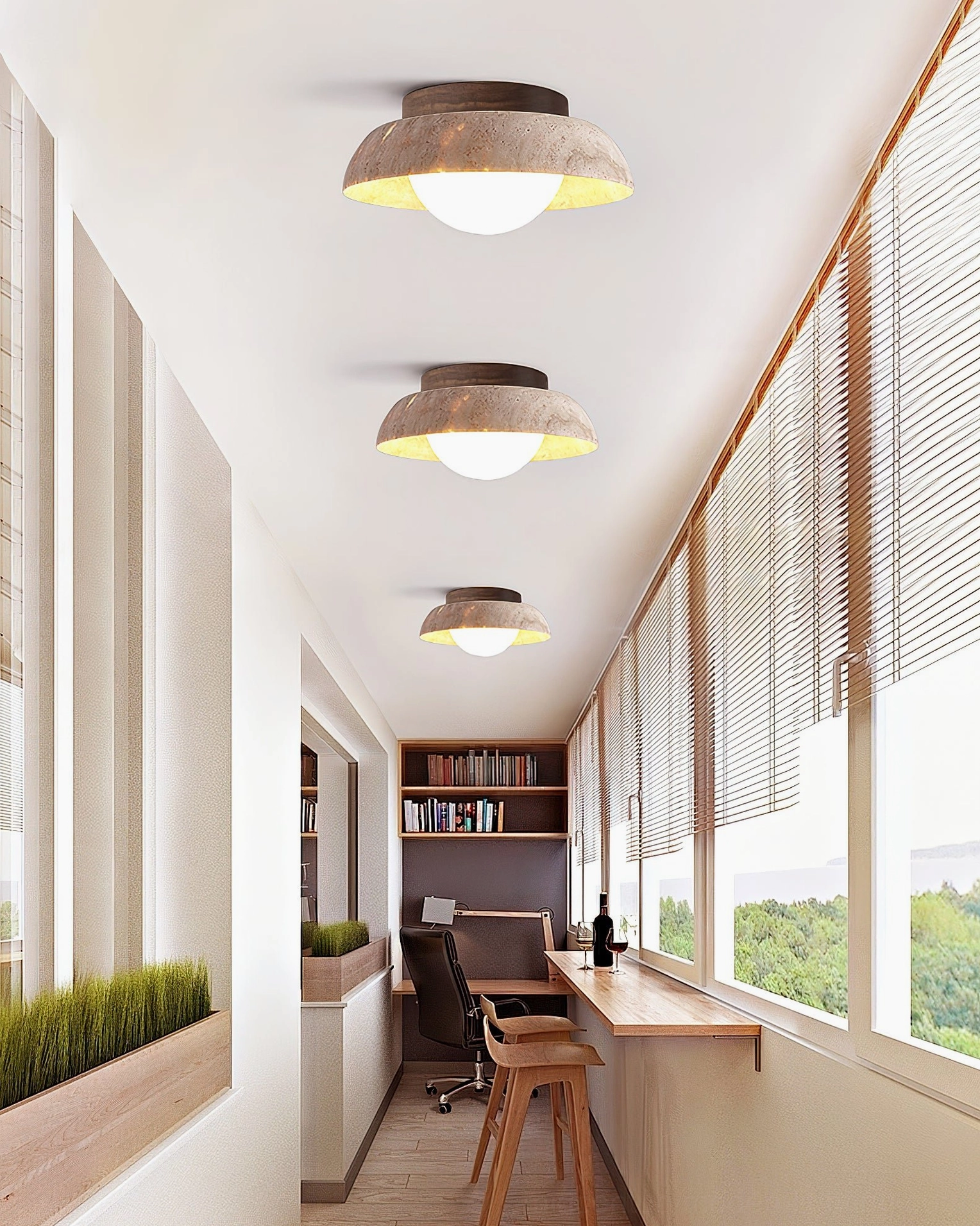 Multiple Piedra ceiling lights installed in home office corridor with natural daylight from side windows