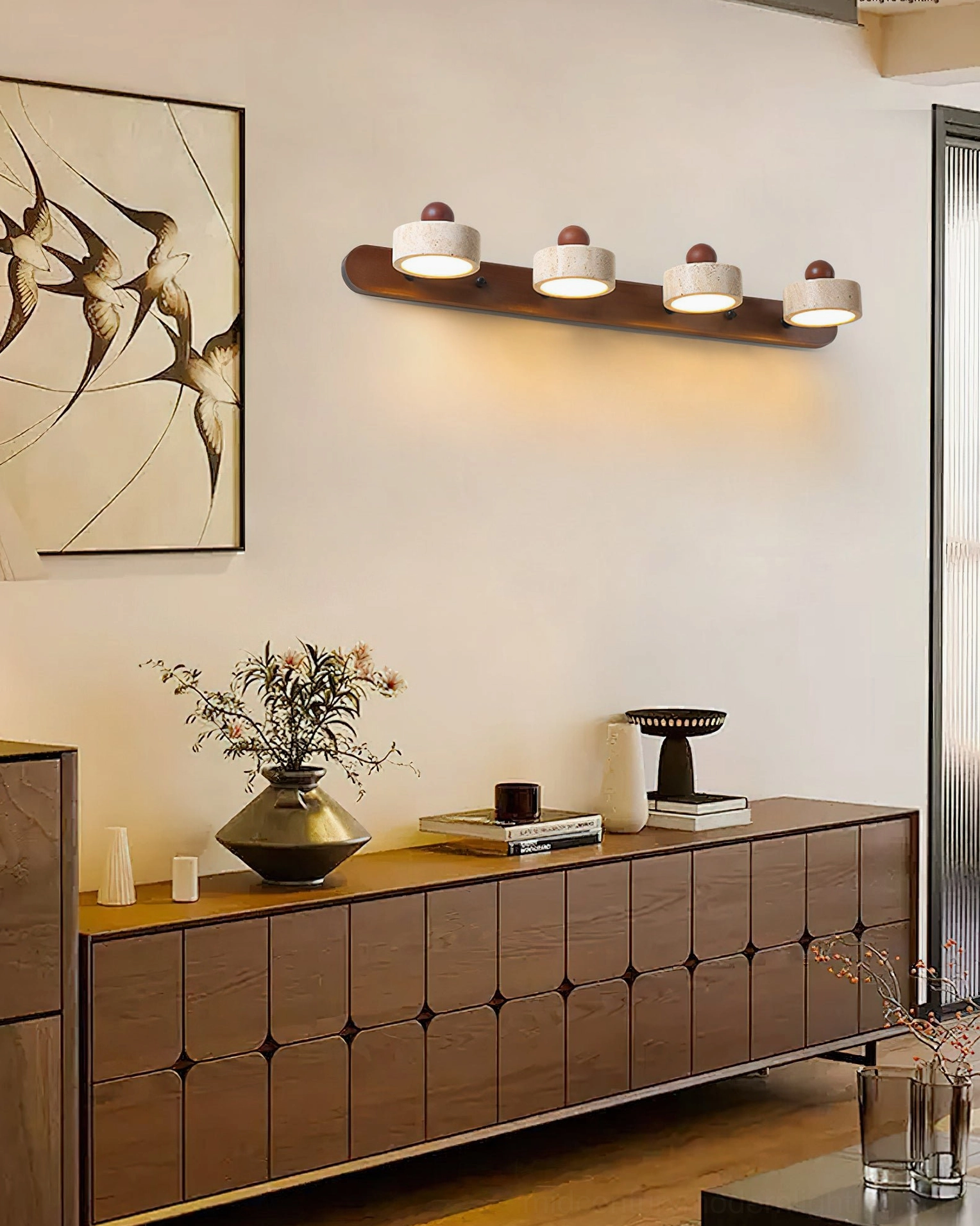 Piero 4-head travertine wall lamp dining area above wooden sideboard, mid-century modern accent