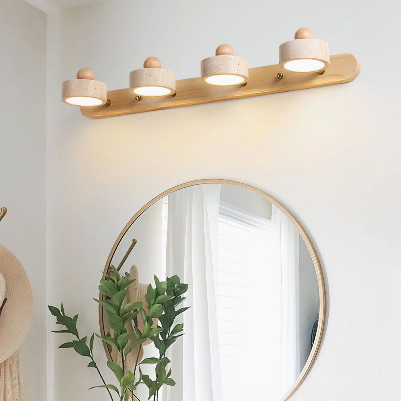 Piero 4-light travertine wall sconce entryway installation, minimalist neutral home lighting