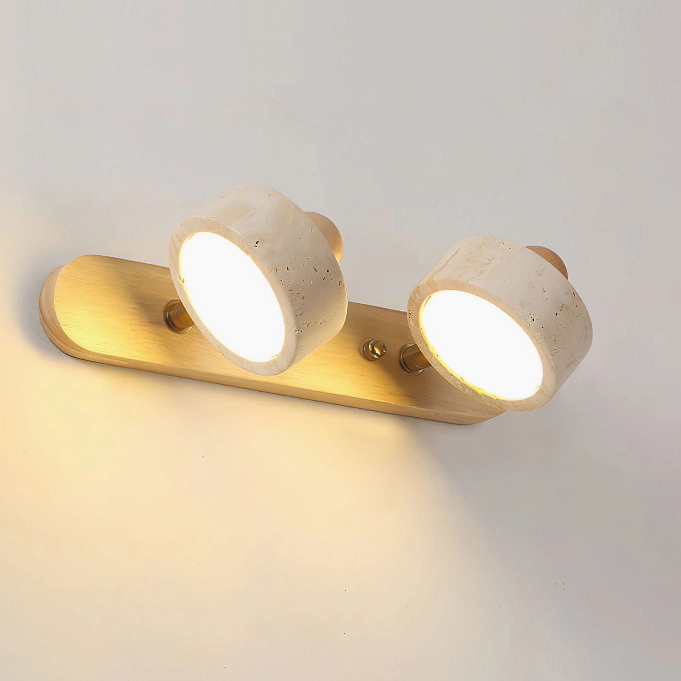 Piero 2-head adjustable travertine wall lamp rotatable light heads, natural wood base