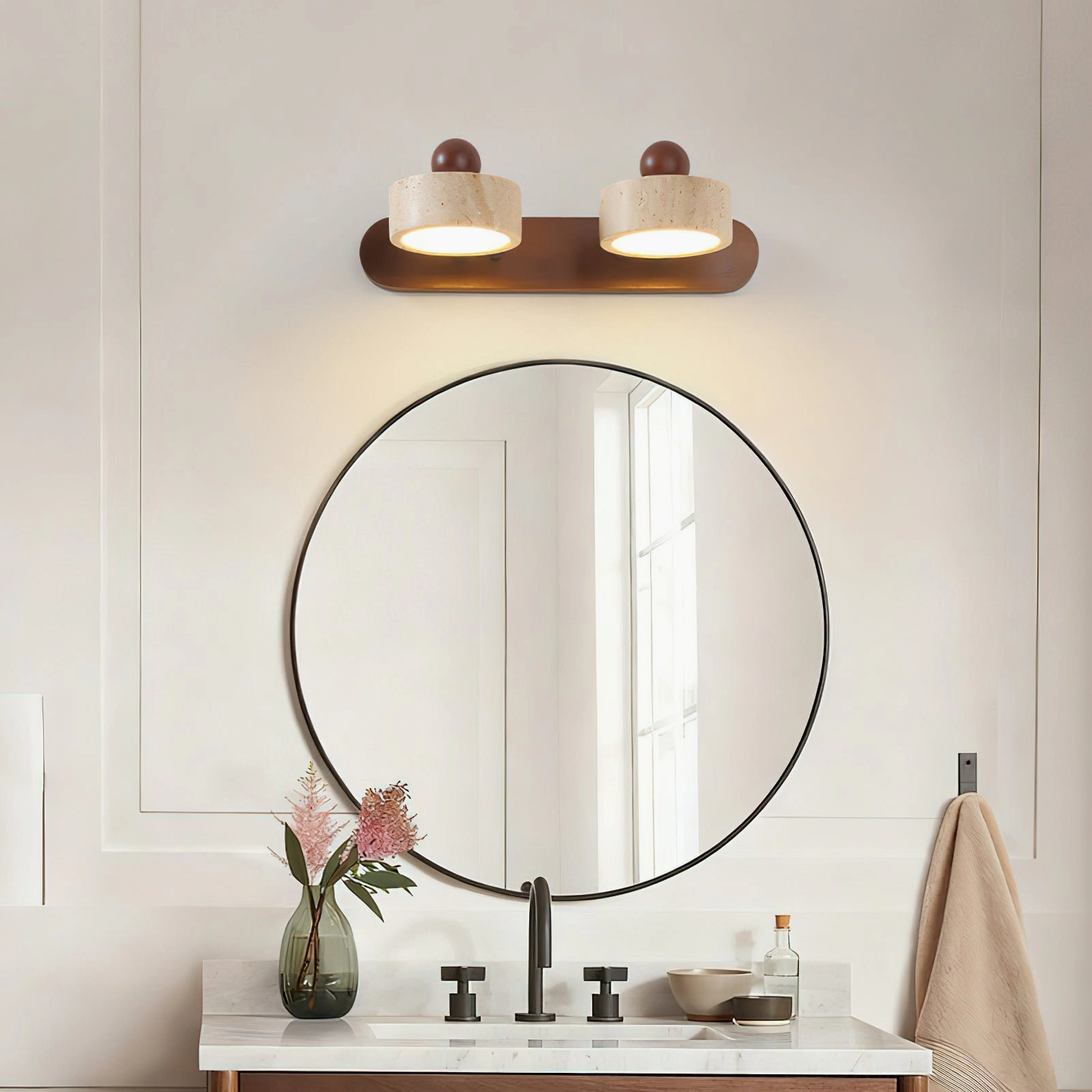 Piero 2-head travertine sconce bathroom vanity mirror, dark wood base neutral bathroom decor