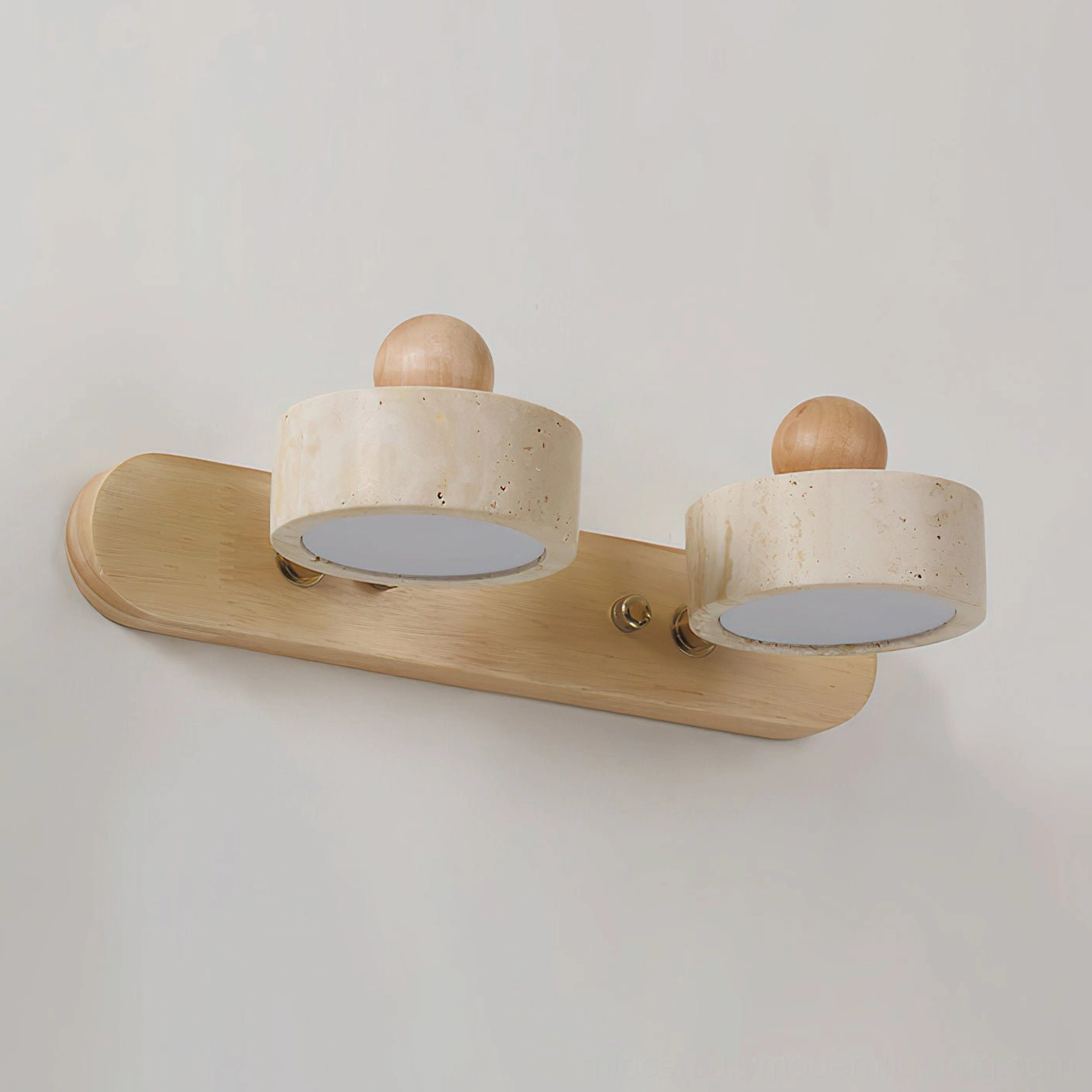 Piero travertine wall lamp product detail shot showing stone finish and wood frame joinery