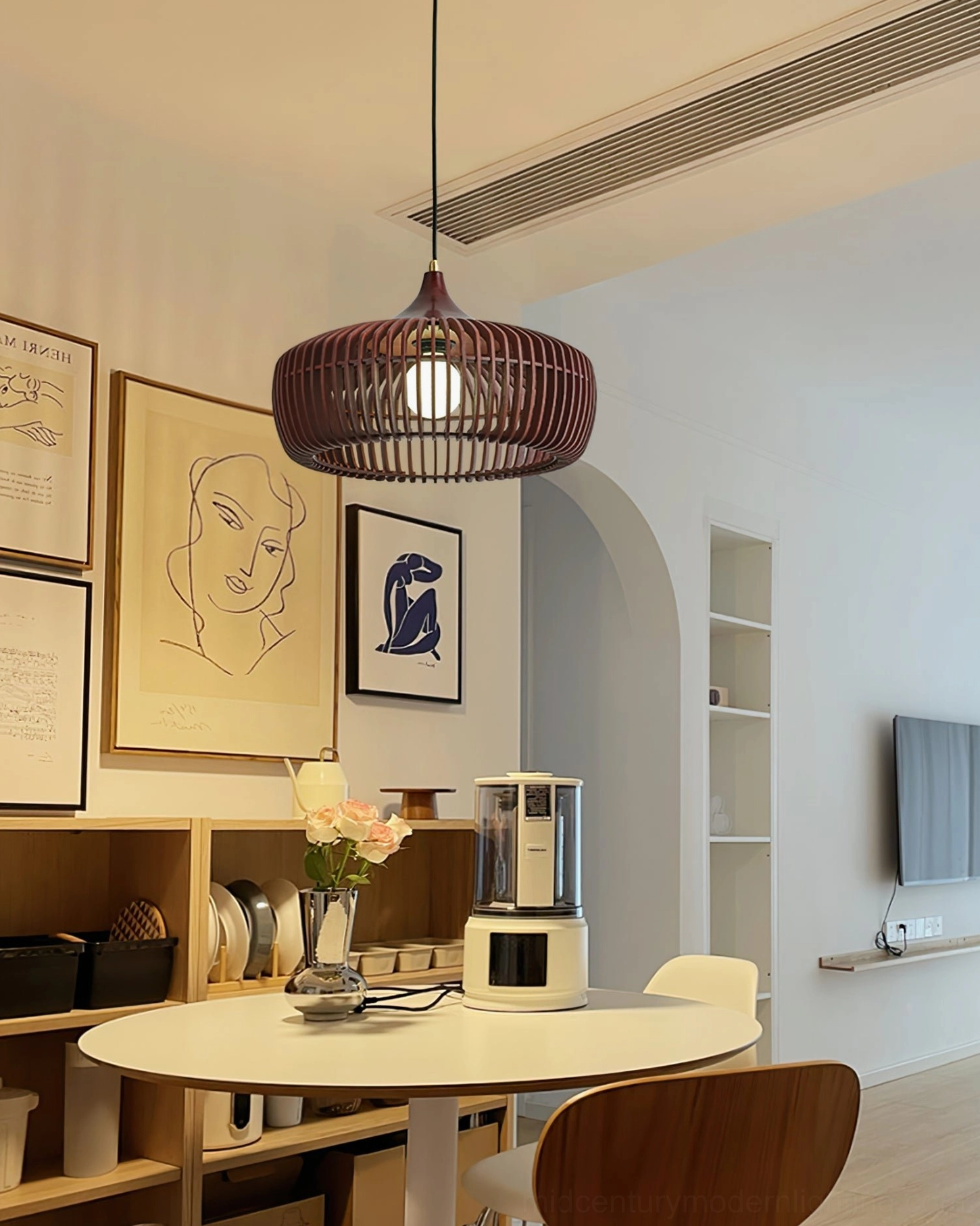 Alternative view of Pimms wooden pendant light displaying geometric slatted construction and light diffusion characteristics