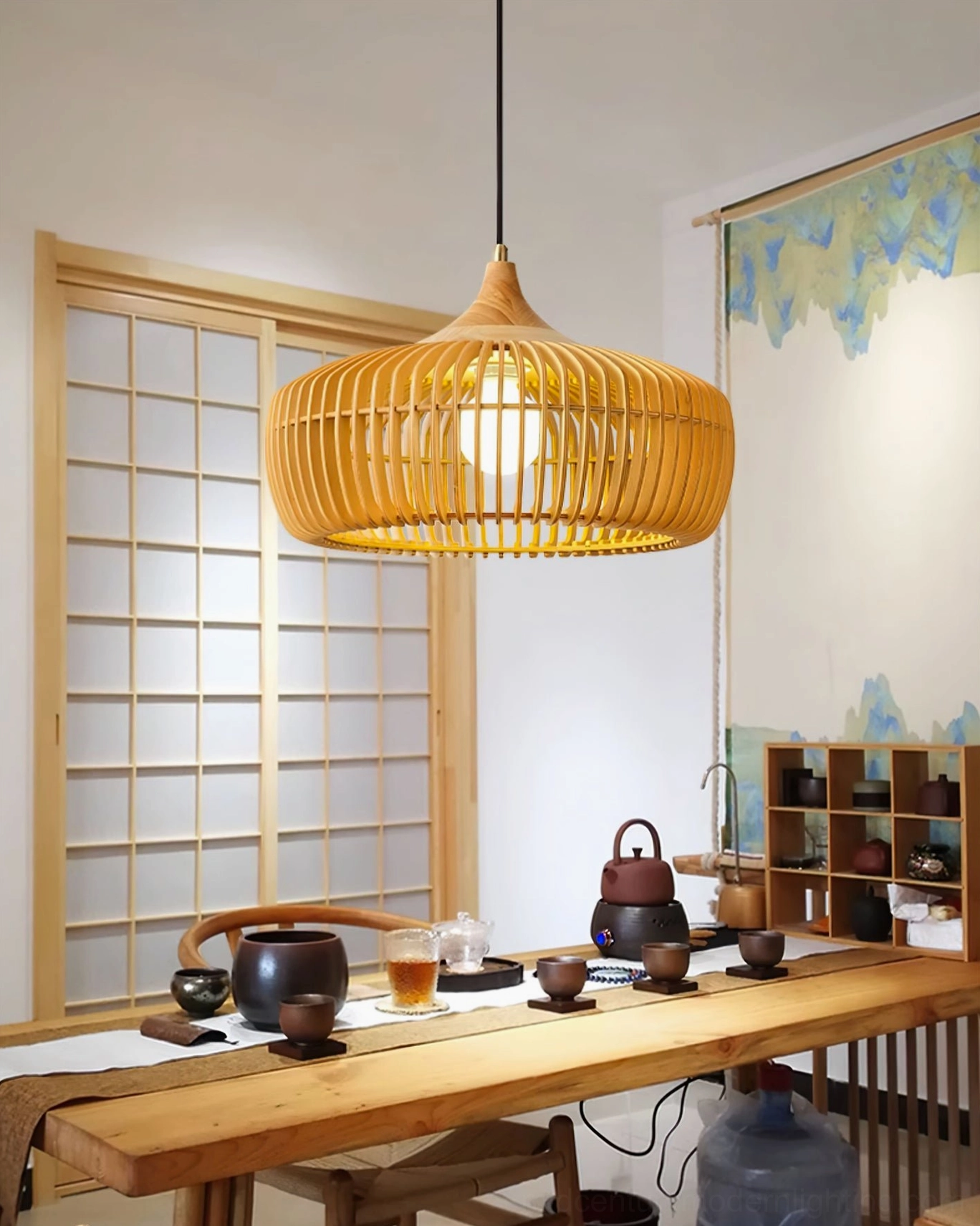 Pimms woven wood pendant light installed in Japanese-style tea room with minimalist Japandi design and warm natural wood tone