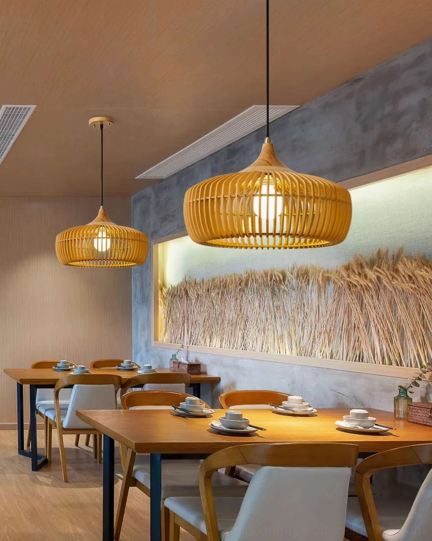 Pimms mid-century modern pendant lamp showing complete design from suspension wire through wooden shade with brass accents