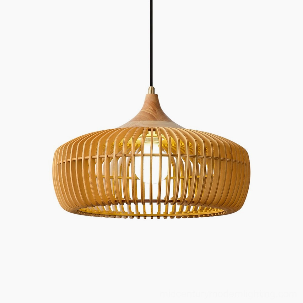 Pimms pendant light in natural wood color finish displayed against neutral background showing authentic wood tone